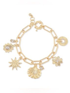 On 34th Gold-Tone Crystal Charm Flex Bracelet